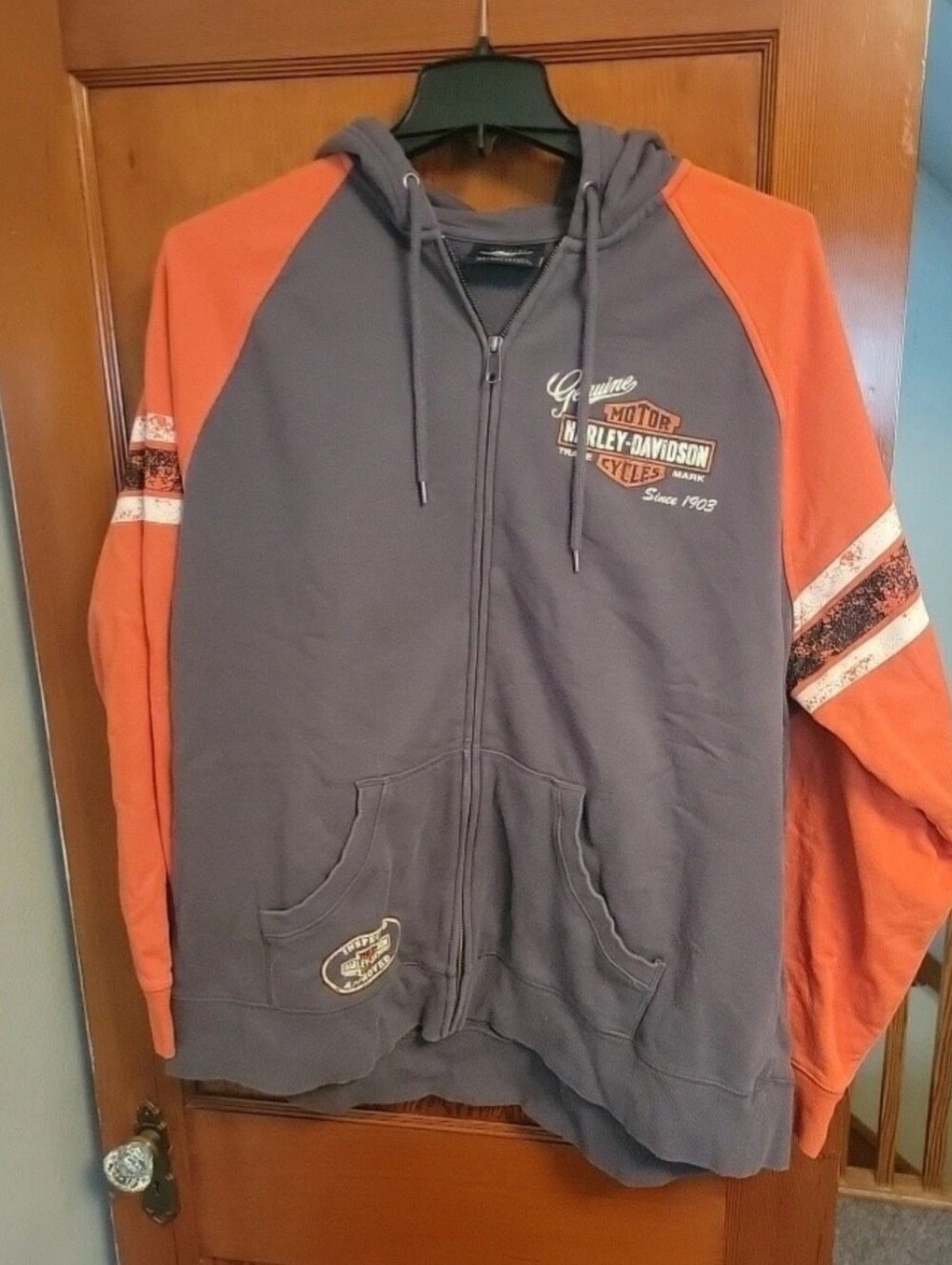 Harley-Davidson Zip Hoodie Mens 2XL Grey Orange Raglan Graphic Biker Fleece Logo